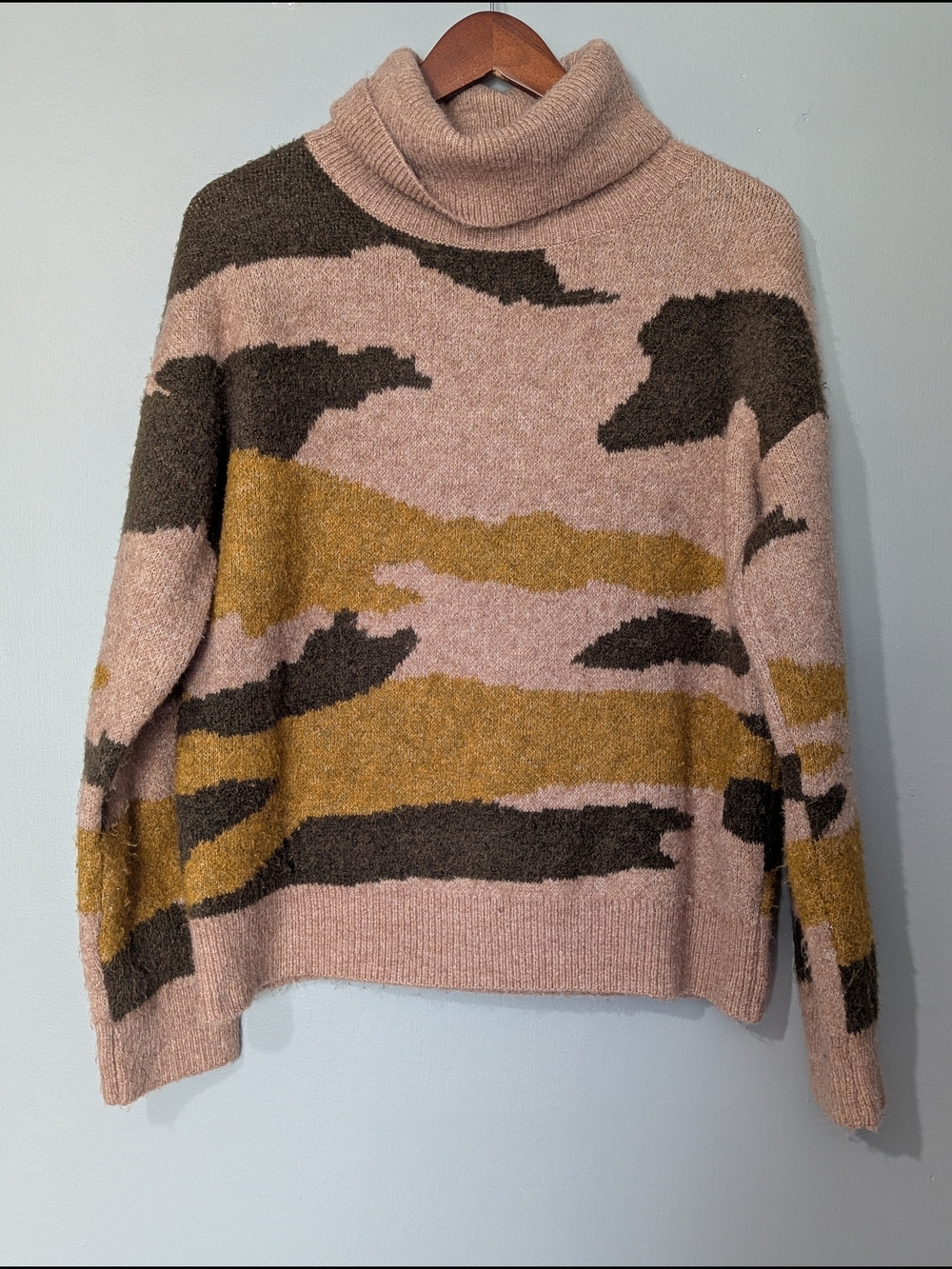Mystree Women's Cowl Neck Camo Patterned Pullover Sweater Cozy Cabincore